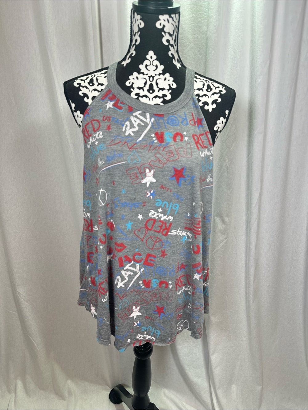Patriotic Gray Graphic Racerback High-LoTank with Red & Blue Accents Modern Lux